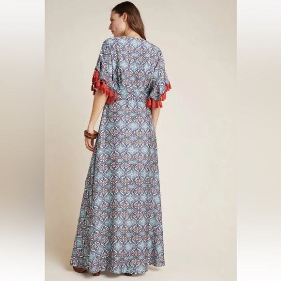 Anthropologie Sachin + Babi Maxi Dress Size 2 Tasseled Red Blue Abstract Satin - Picture 16 of 16